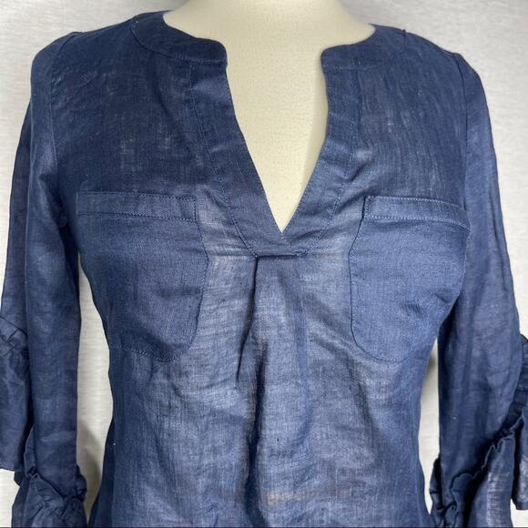 K). INC Ruffles Half arm length Sleeve V-neck Blouse Blue Petite NWT - Picture 11 of 12